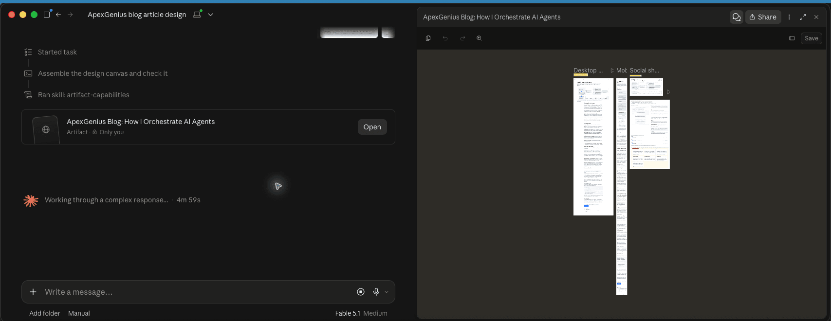 Screenshot of the Claude Cowork app with a task list on the left and a design canvas on the right showing desktop, mobile and social artboards.