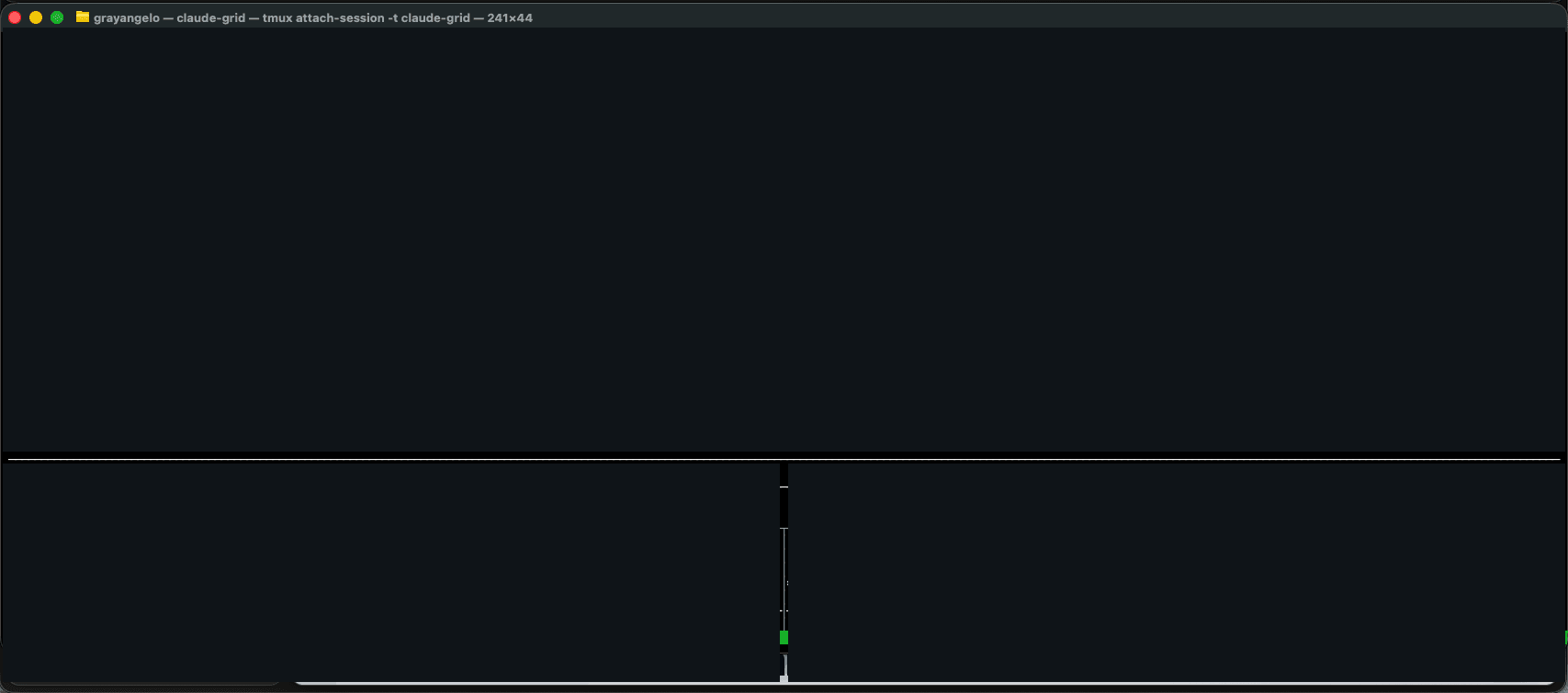 Screenshot of a dark terminal window titled claude-grid with three empty tmux panes.