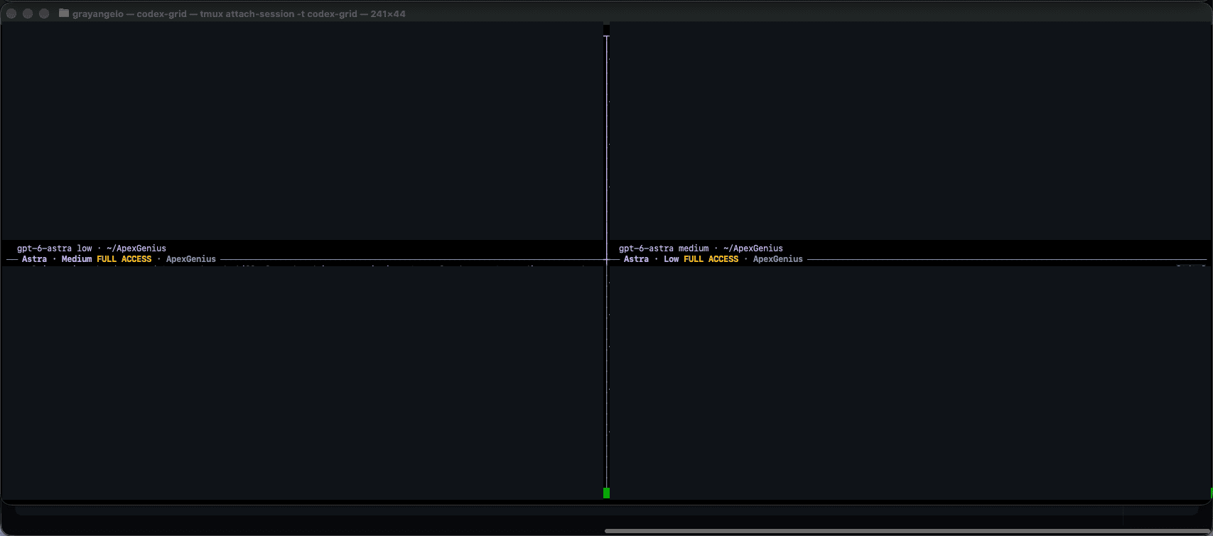Screenshot of a dark terminal window titled codex-grid with two panes, each showing a gpt-6-astra session at low or medium effort in the ApexGenius directory with full access.