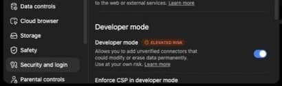 ChatGPT Security and login settings with the Developer mode switch enabled.