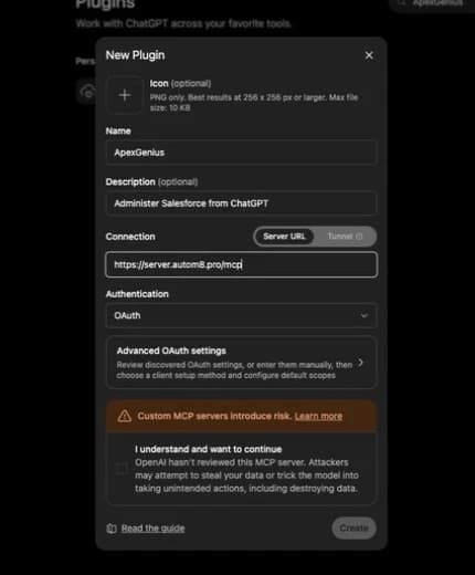 ChatGPT New Plugin form filled with the ApexGenius name, server URL connection, MCP endpoint, and OAuth authentication.