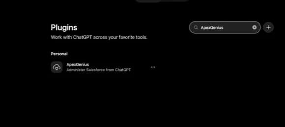 ChatGPT Plugins directory search showing ApexGenius in the Personal section.