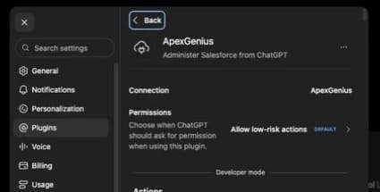 ChatGPT ApexGenius plugin details showing its connection, permission control, and Developer mode label.