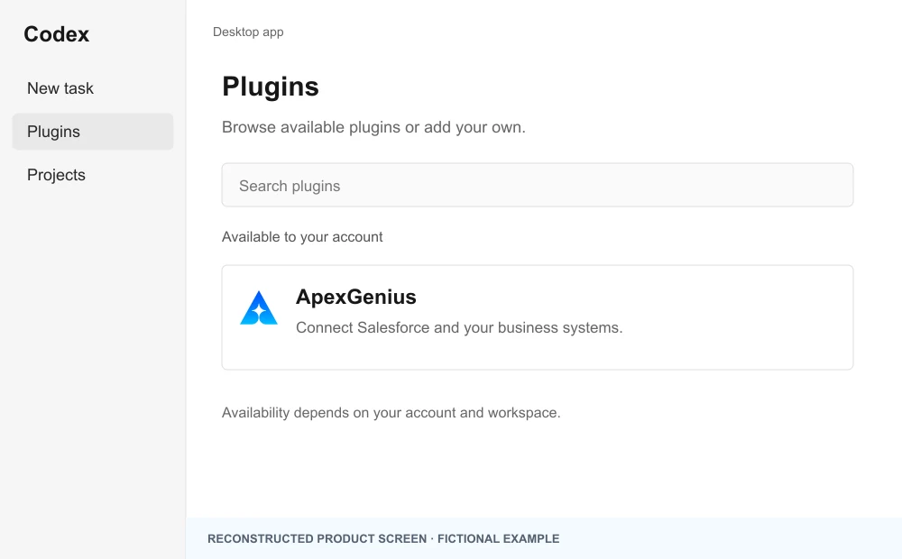 Codex desktop app with Plugins selected and ApexGenius listed under Available to your account.