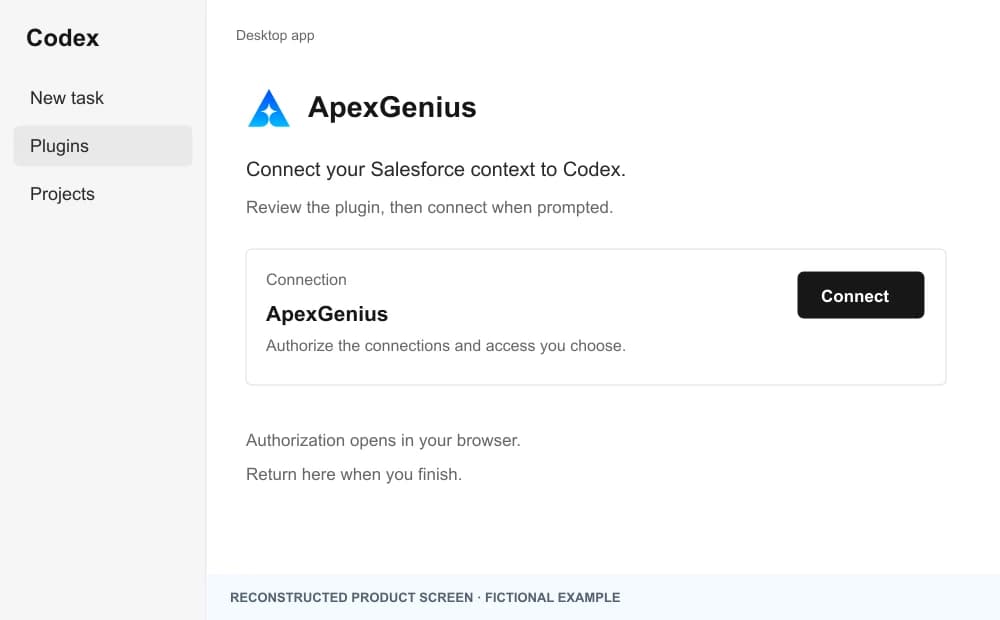 Codex plugin page for ApexGenius with a Connect button and a note that authorization opens in the browser.