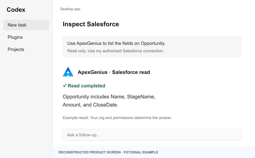 Codex task asking ApexGenius to list the fields on Opportunity, with a completed read-only Salesforce result.