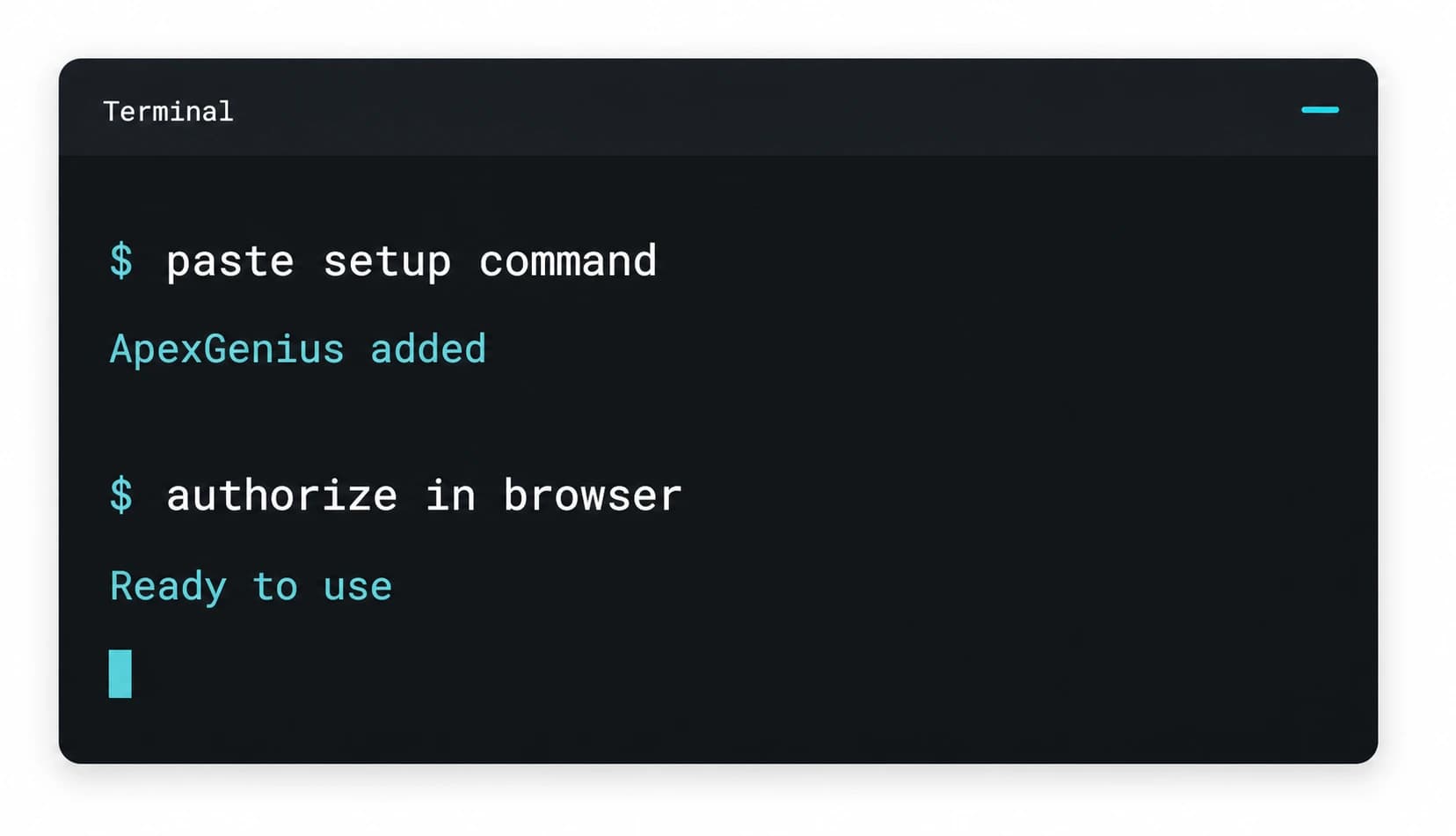 A generated anonymous terminal illustration showing a setup command, ApexGenius added, browser authorization, and ready to use.