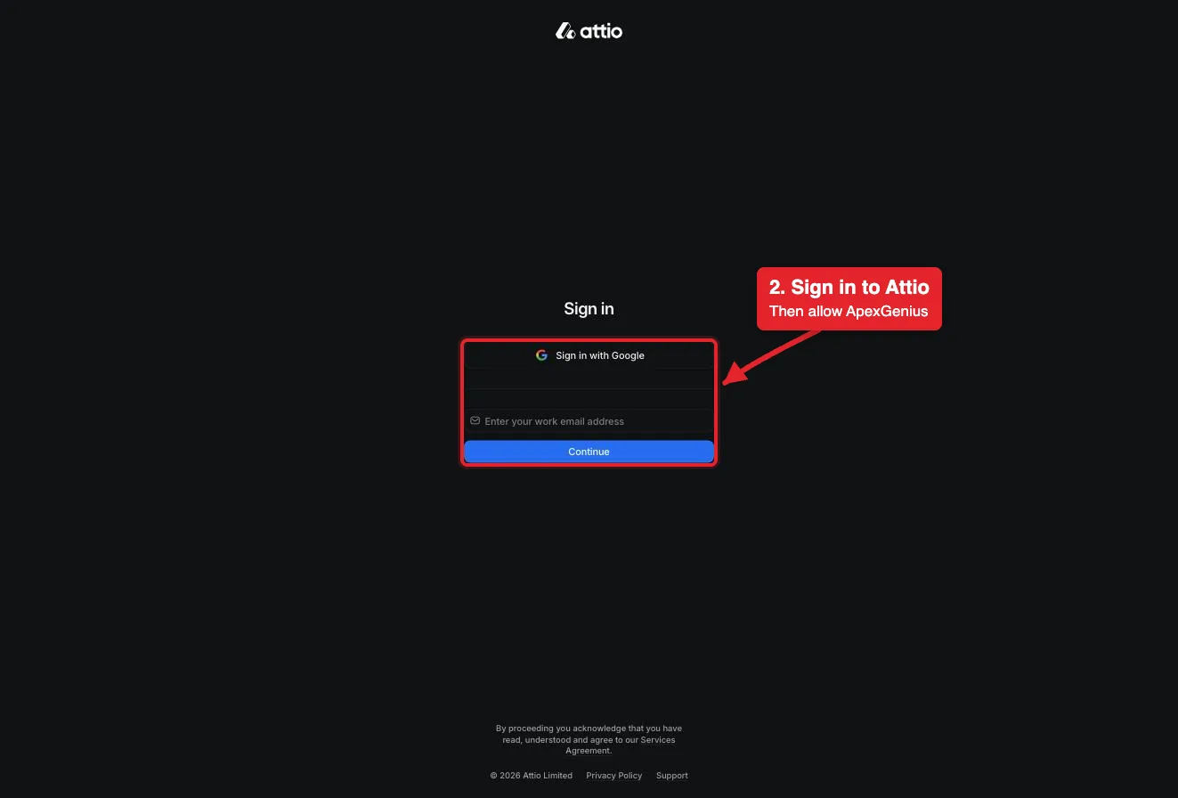 The full Attio sign-in page that opens when you connect Attio, with a red box around the sign-in options.