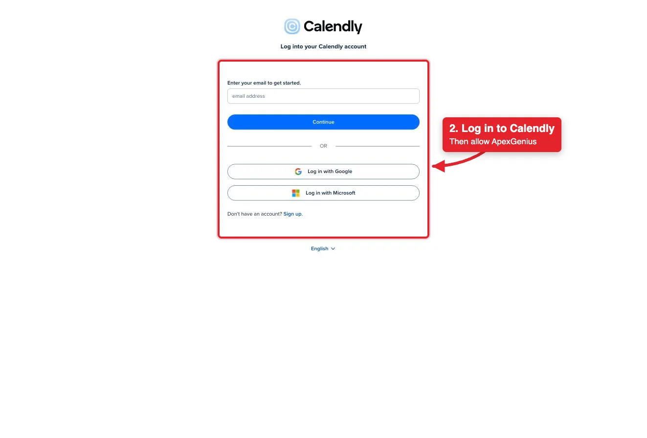 The full Calendly login page that opens when you connect Calendly, with a red box around the login card.