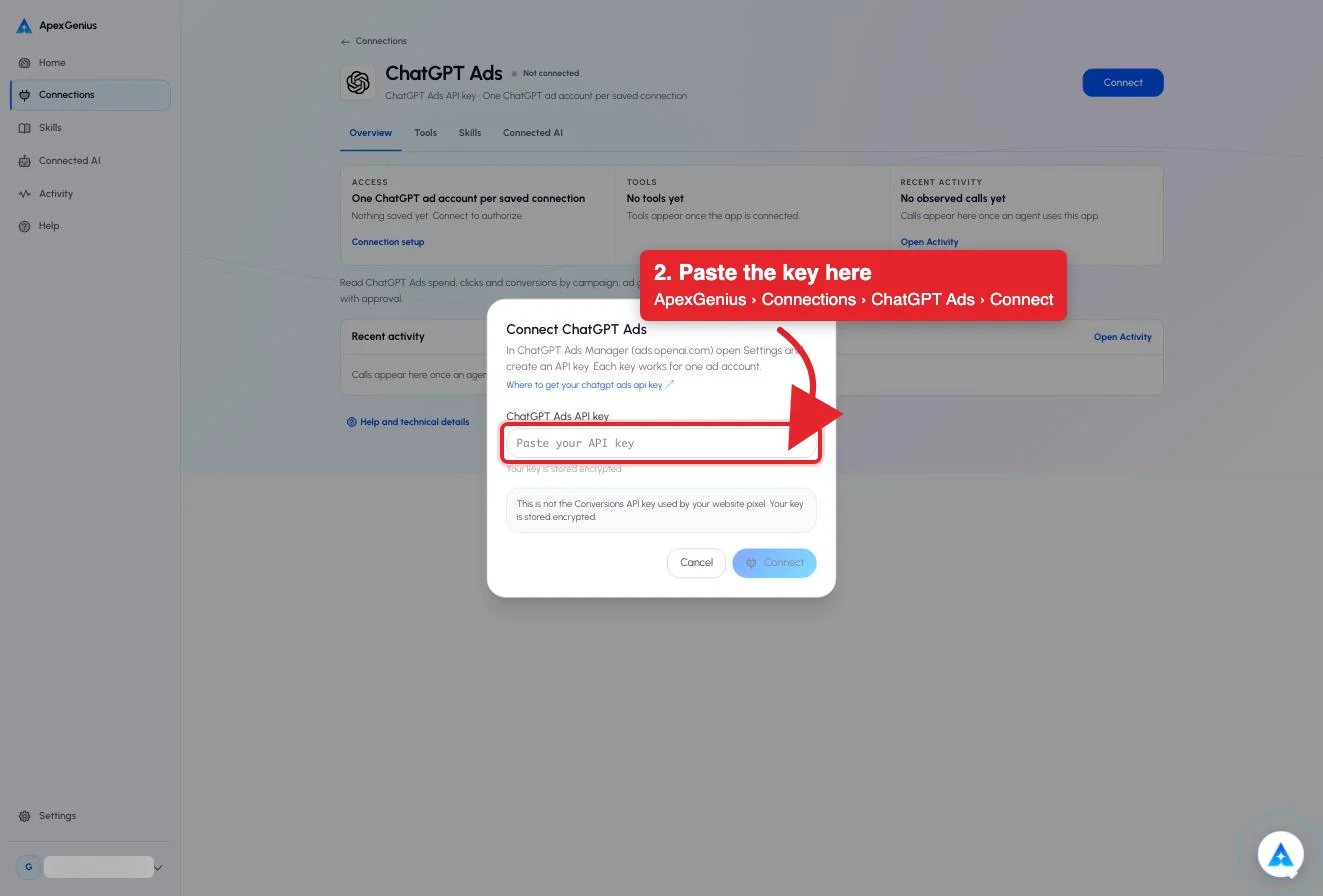The ApexGenius Connect ChatGPT Ads dialog over the connection page, with a red box and arrow marking the API key field and the signed-in account blurred.