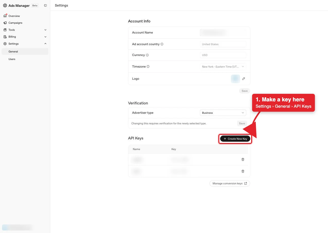 The full ChatGPT Ads Manager Settings page with account details and existing keys blurred, and a red box and arrow marking the Create New Key button.