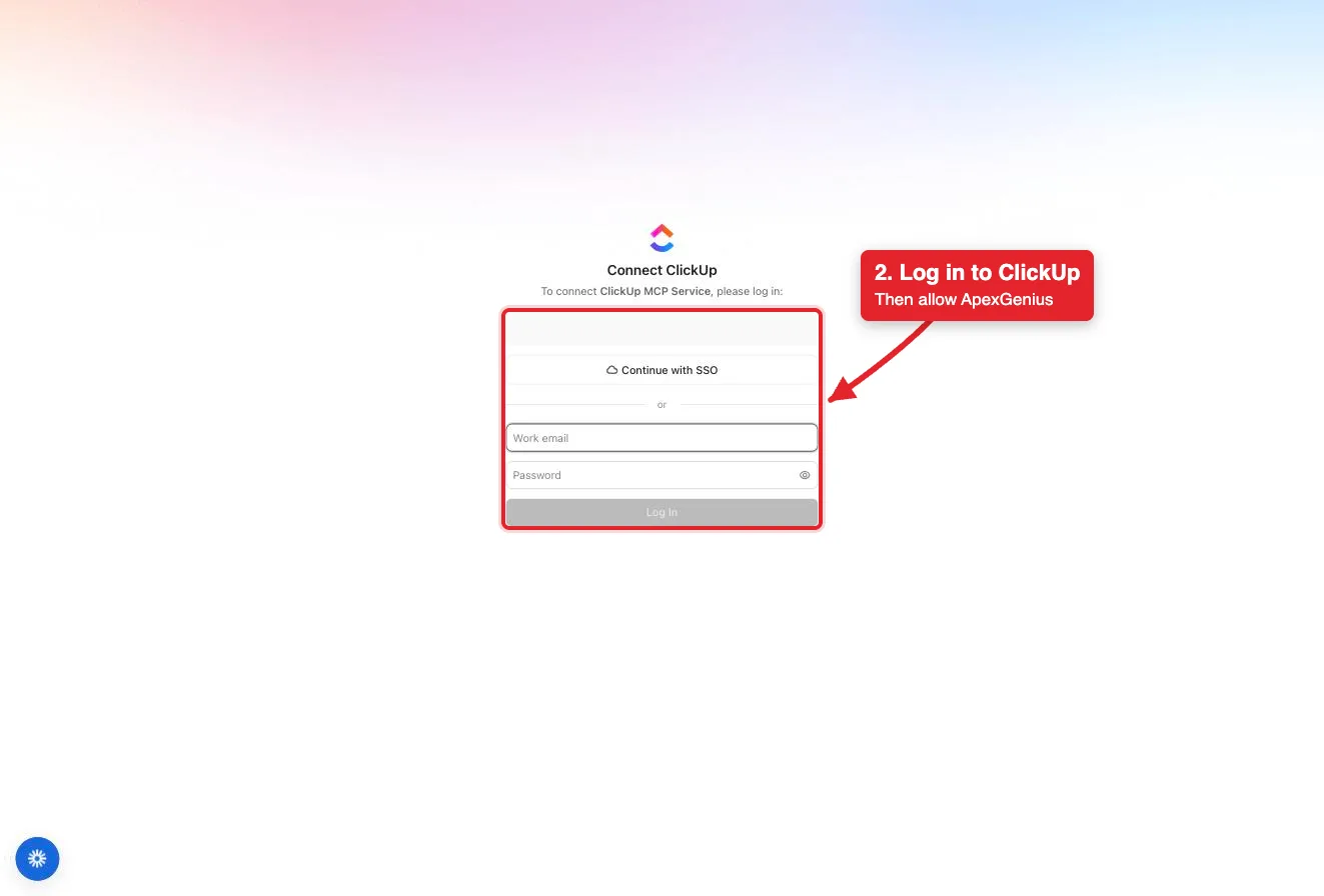 The full ClickUp login page for the ClickUp MCP Service, with a red box around the login form.