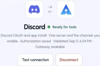 The actual Discord connection page in ApexGenius, showing its saved connection status.