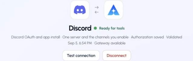 The actual Discord connection page in ApexGenius, showing its saved connection status.