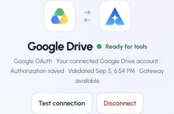 The actual Google Drive connection page in ApexGenius, showing its saved connection status.