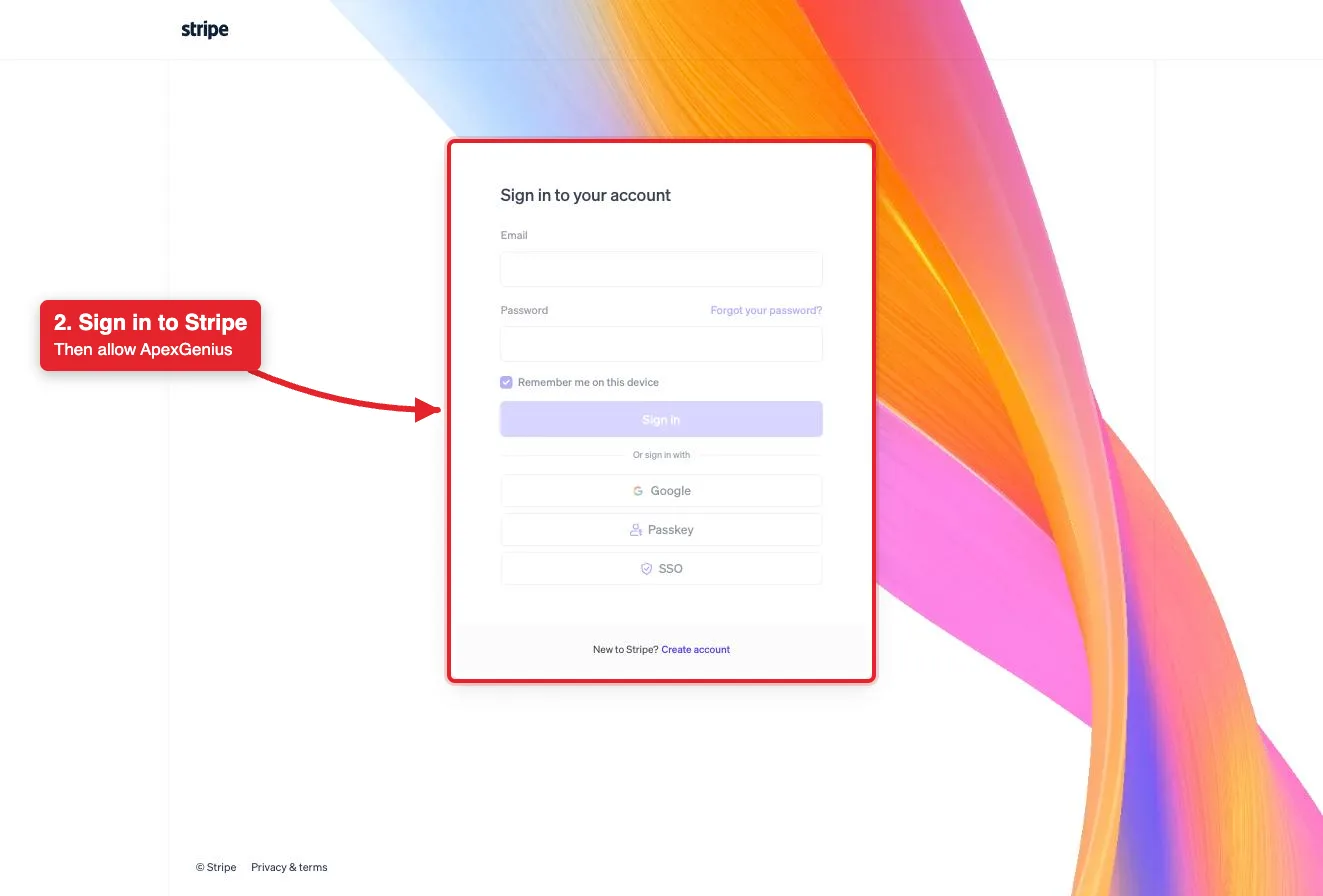 The full Stripe sign-in page that opens when you connect Stripe, with a red box around the sign-in card.