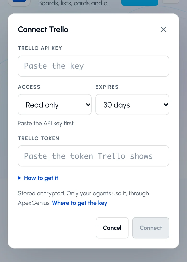 The Connect Trello dialog in ApexGenius with the empty Trello API key field, the Access and Expires choices, the empty Trello token field and the Connect button.
