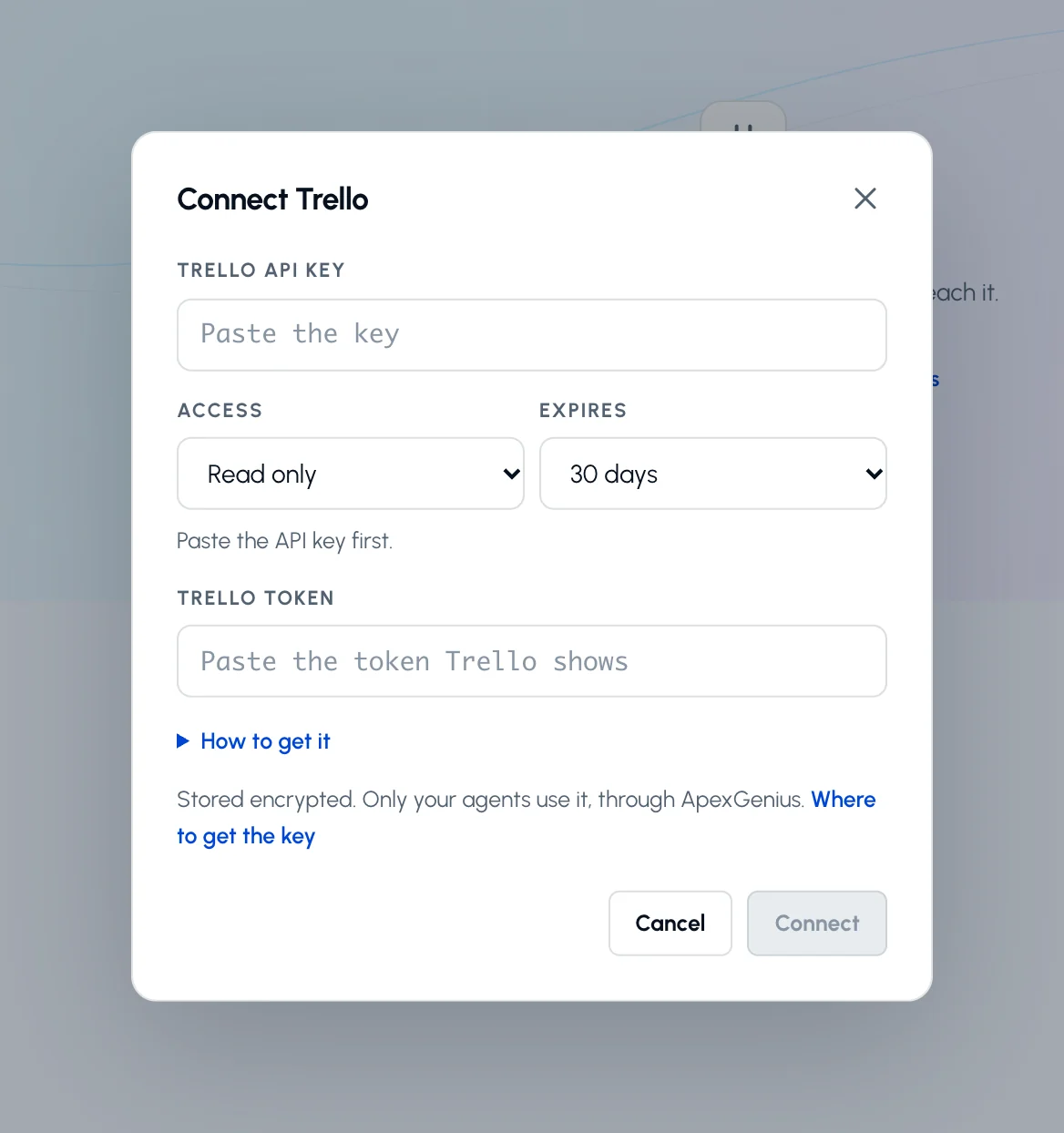 The Connect Trello dialog in ApexGenius with the empty Trello API key field, the Access and Expires choices, the empty Trello token field and the Connect button.