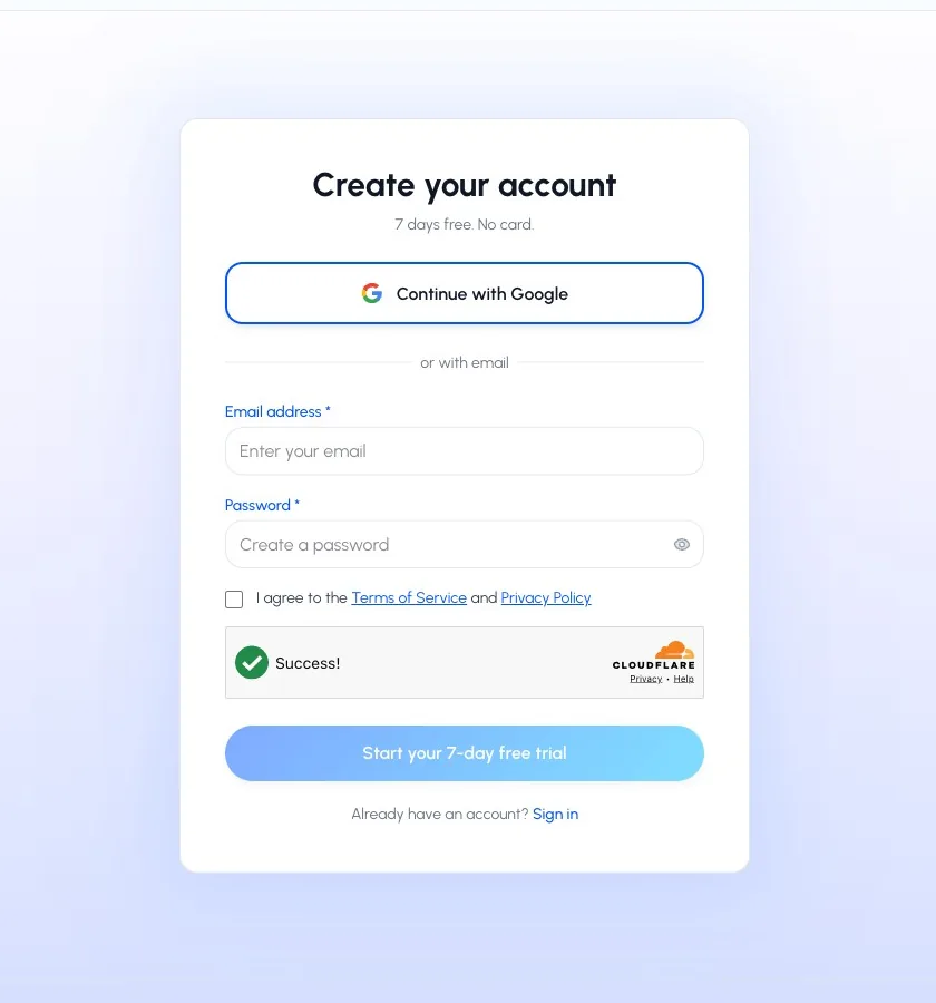 ApexGenius signup page with Continue with Google and the email form.