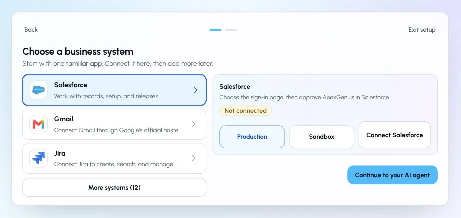 ApexGenius Start with Salesforce selected, the Production and Sandbox choice, and the Connect Salesforce button.