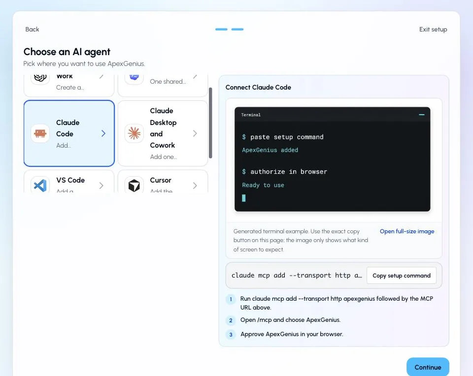 ApexGenius Start with Claude Code selected, the MCP address to copy, and the short setup steps.