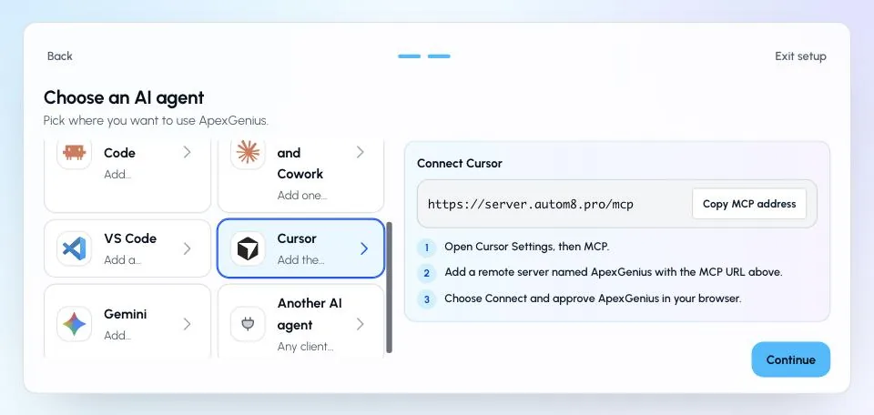 ApexGenius Start with Cursor selected, the MCP address to copy, and the short setup steps.