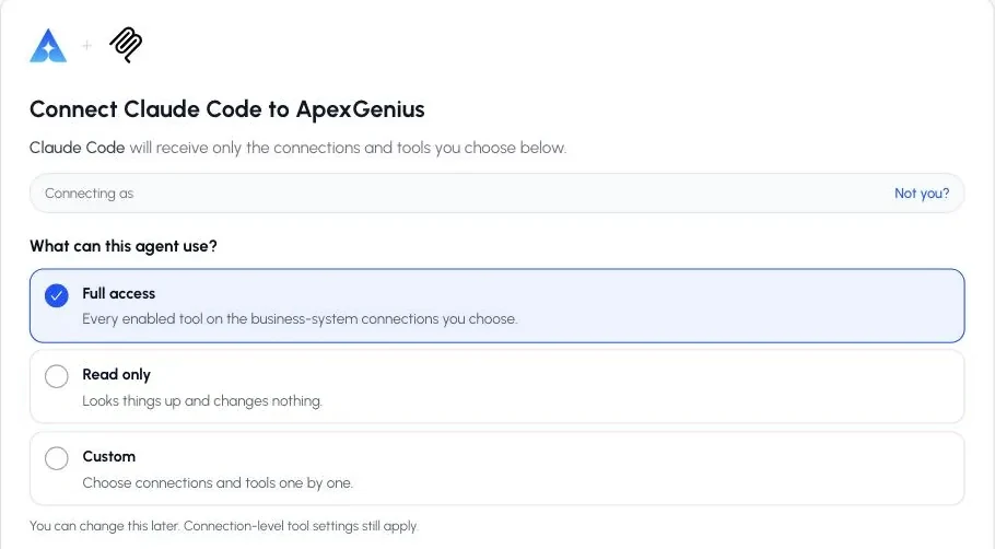 The ApexGenius authorization screen for Claude Code with the Full access, Read only, and Custom choices.