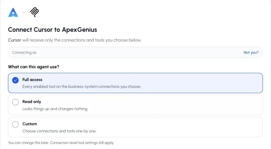 The ApexGenius authorization screen for Cursor with the Full access, Read only, and Custom choices.