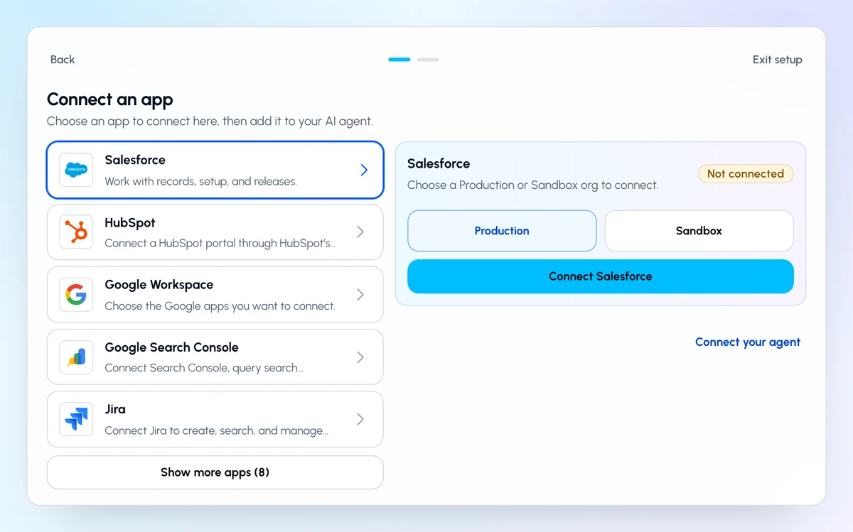 ApexGenius Start with Salesforce selected, the Production and Sandbox choice, and the Connect Salesforce button.