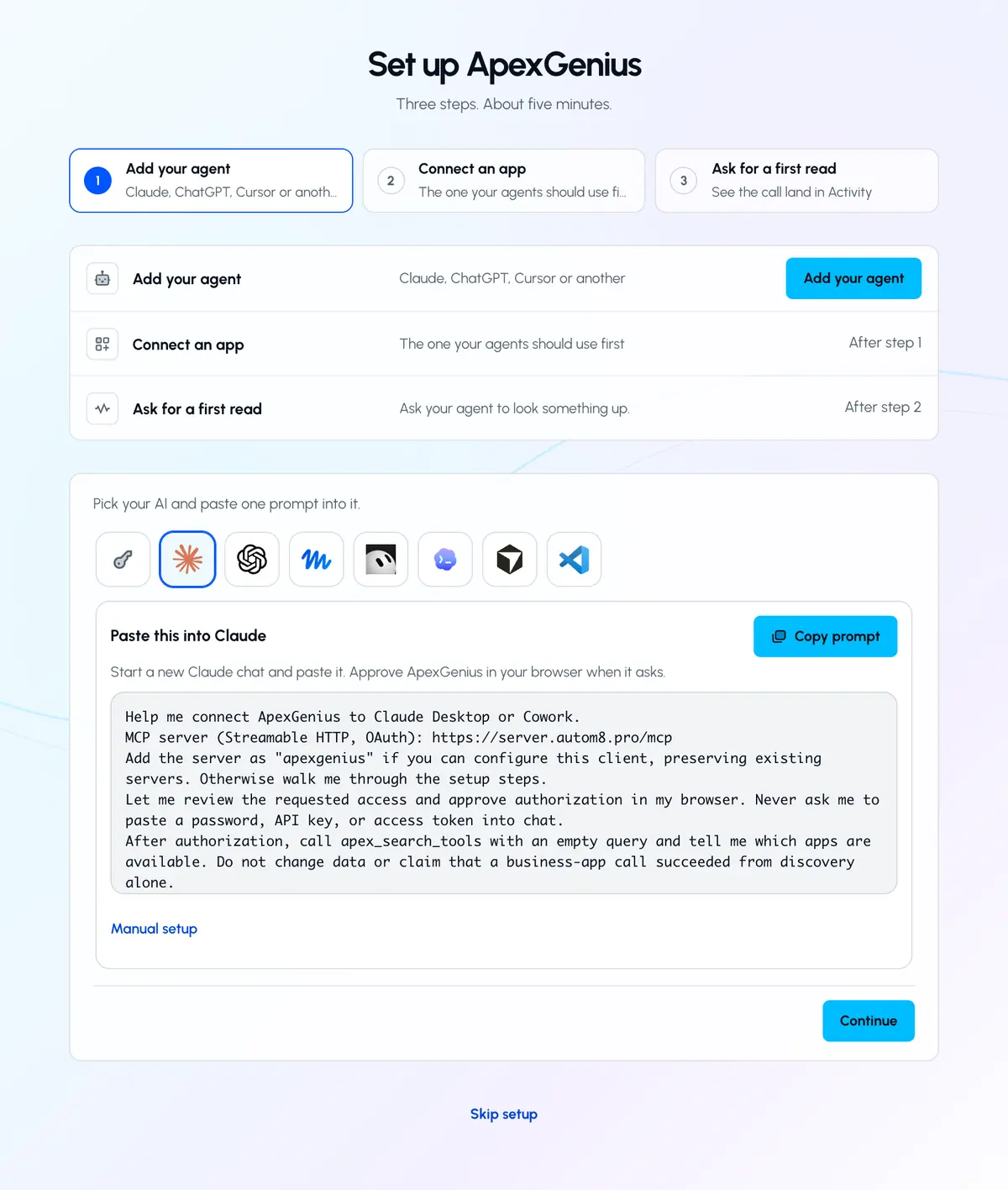ApexGenius Start with Claude selected and the setup prompt to copy.