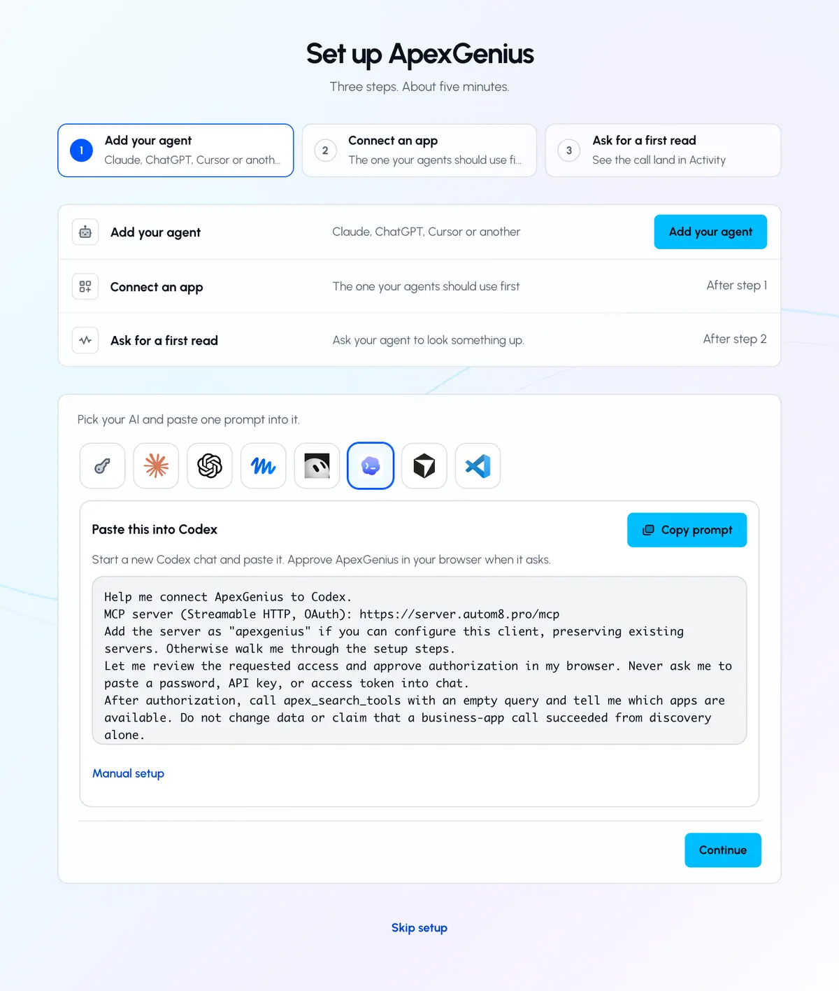 ApexGenius Start with Codex selected and the setup prompt to copy.