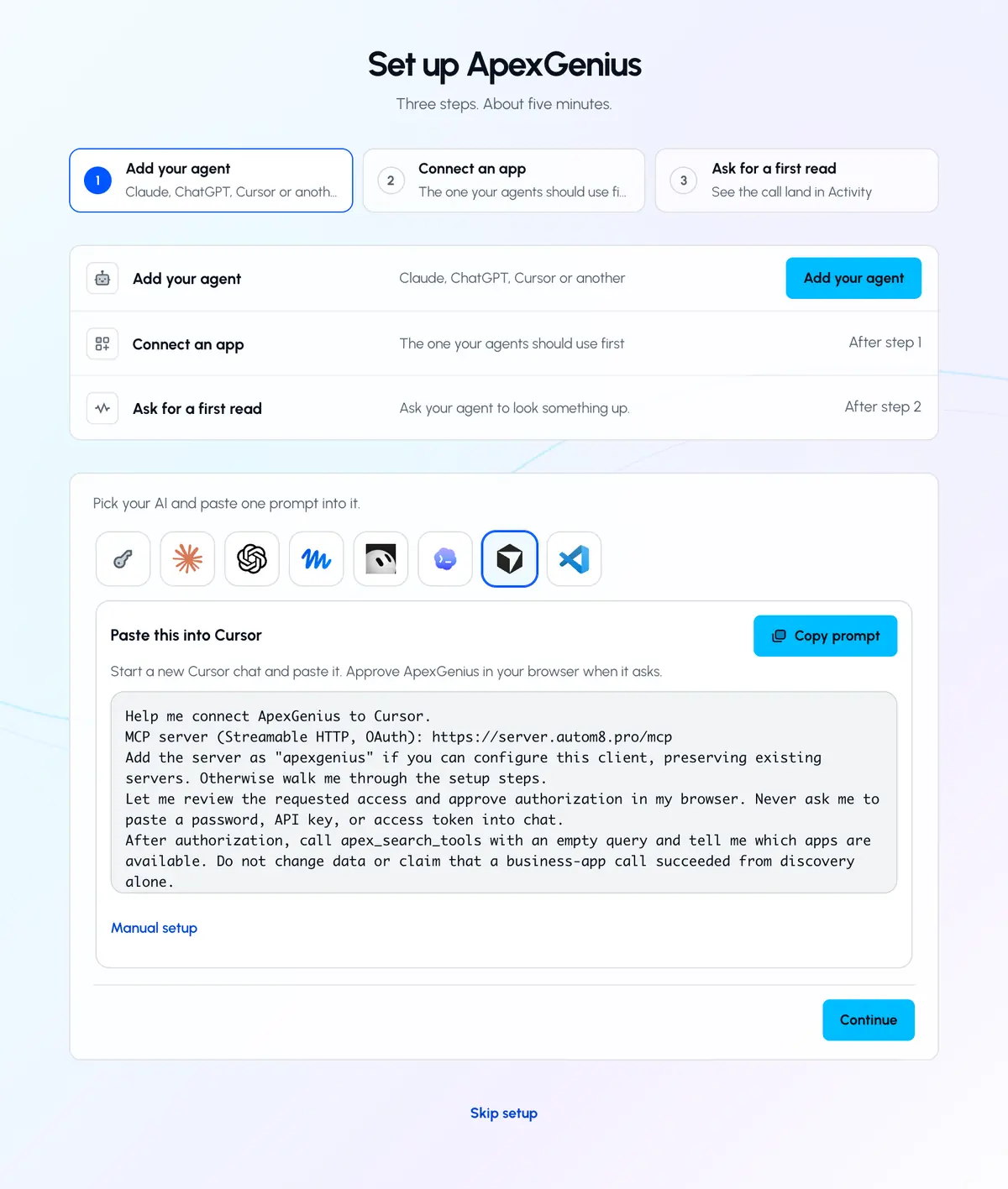 ApexGenius Start with Cursor selected and the setup prompt to copy.