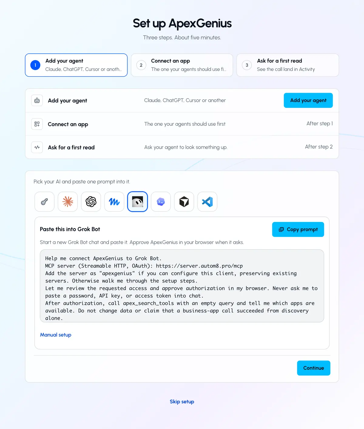 ApexGenius Start with Grok Bot selected and the setup prompt to copy.