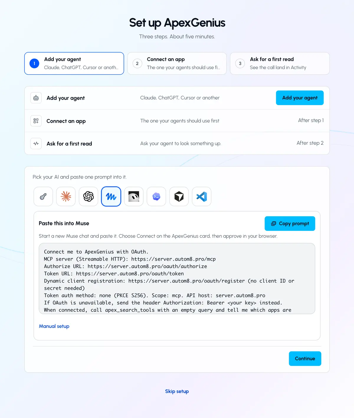 ApexGenius Start with Muse selected and the setup prompt to copy.