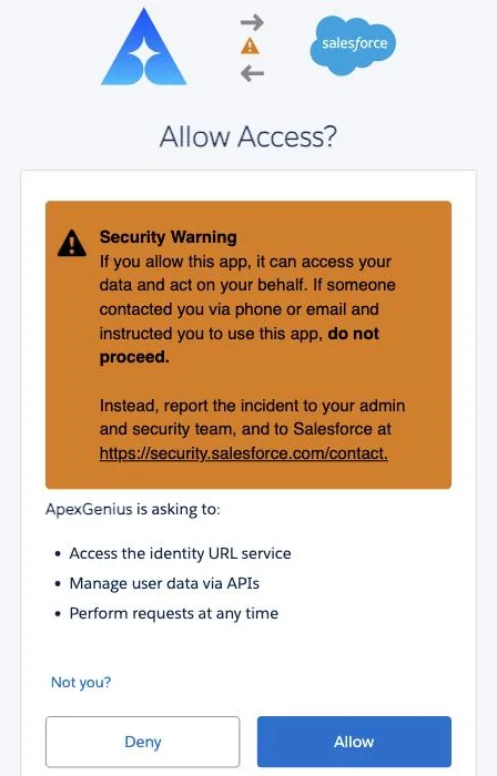 The Salesforce Allow Access screen listing what ApexGenius is asking for, with Deny and Allow buttons.
