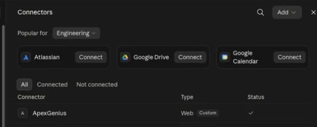 Claude Desktop Connectors settings with the Add menu at the top and an ApexGenius example in the connector table.