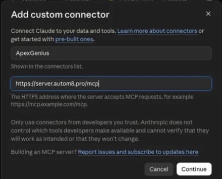 Claude Desktop Add custom connector form filled with the ApexGenius name and remote MCP server URL.