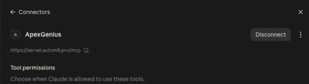Claude Desktop ApexGenius connector details showing the remote server URL and Tool permissions heading.