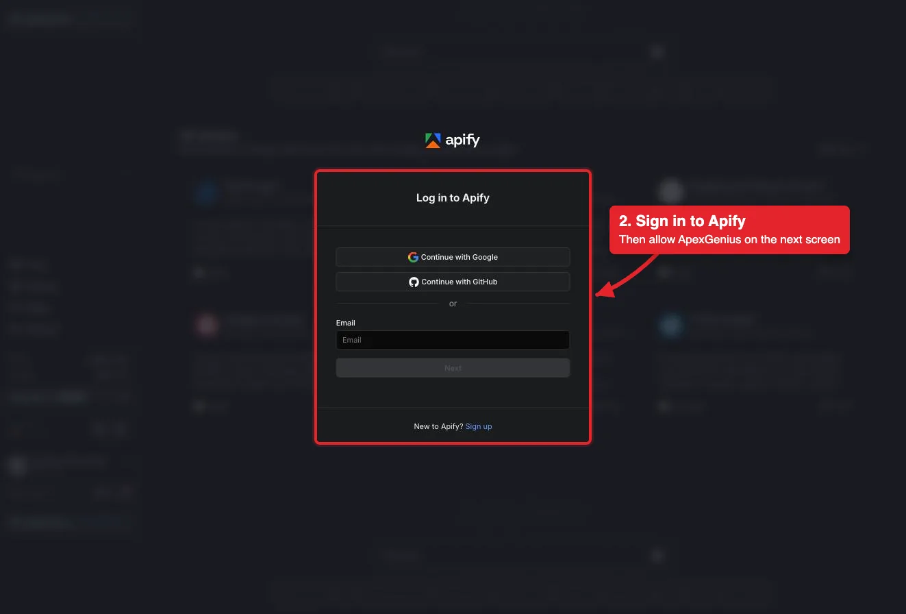 The full Apify sign-in page that opens when you connect Apify, with a red box around the Log in to Apify card.