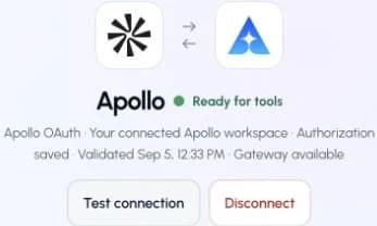 The actual Apollo connection page in ApexGenius, showing its saved connection status.