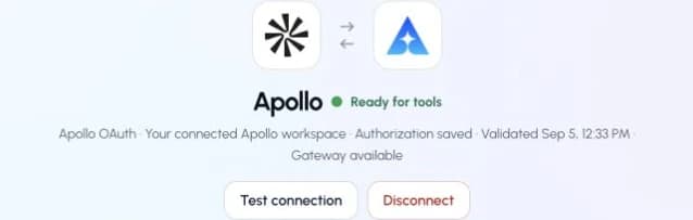 The actual Apollo connection page in ApexGenius, showing its saved connection status.