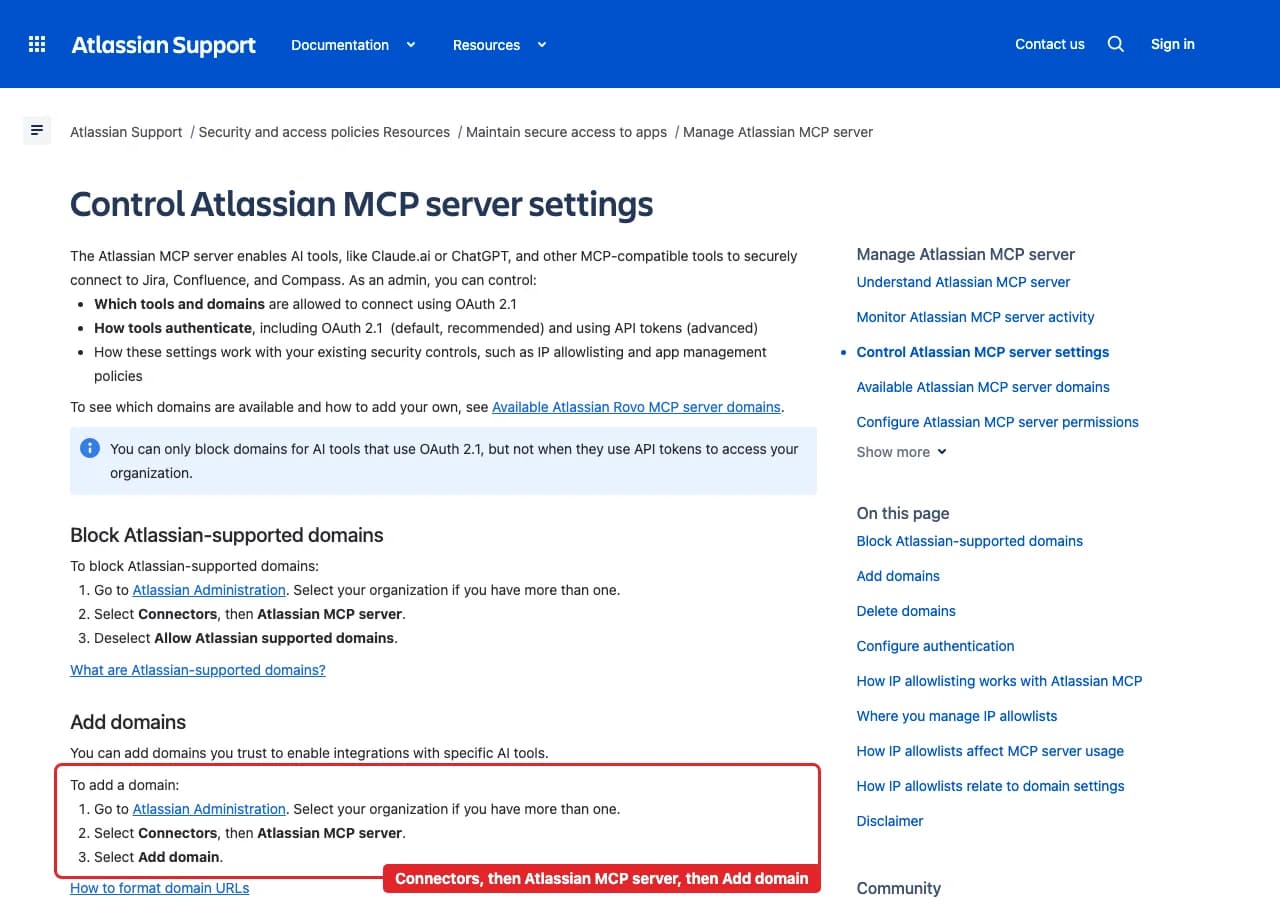 Atlassian's public support page Control Atlassian MCP server settings, with a red box around the three Add domains steps: Atlassian Administration, Connectors then Atlassian MCP server, and Add domain.
