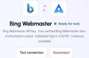 The actual Bing Webmaster connection page in ApexGenius, showing its saved connection status.