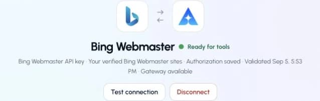 The actual Bing Webmaster connection page in ApexGenius, showing its saved connection status.