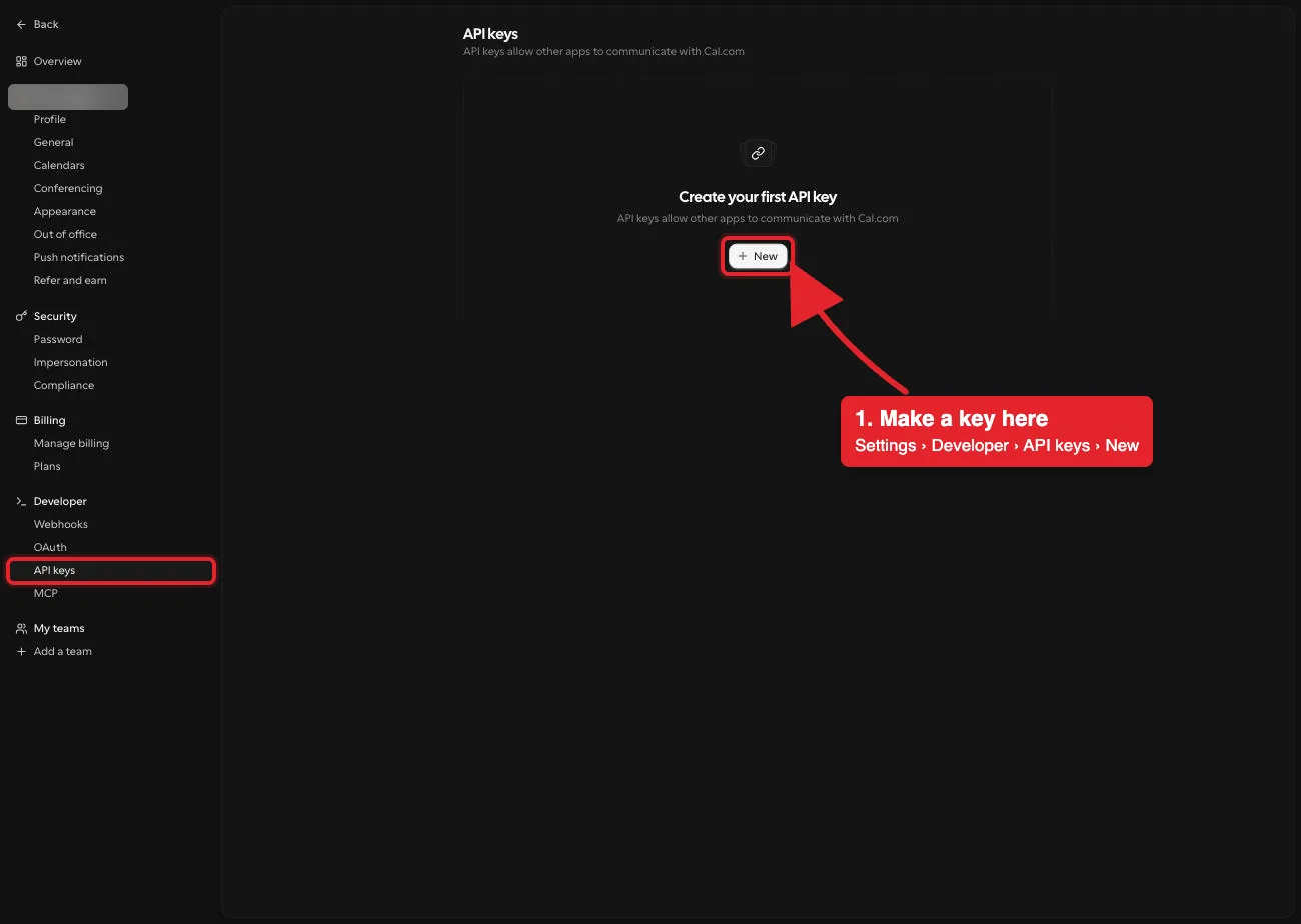The full Cal.com settings page on Developer, API keys, with the account name blurred and red boxes marking the API keys menu item and the New button.