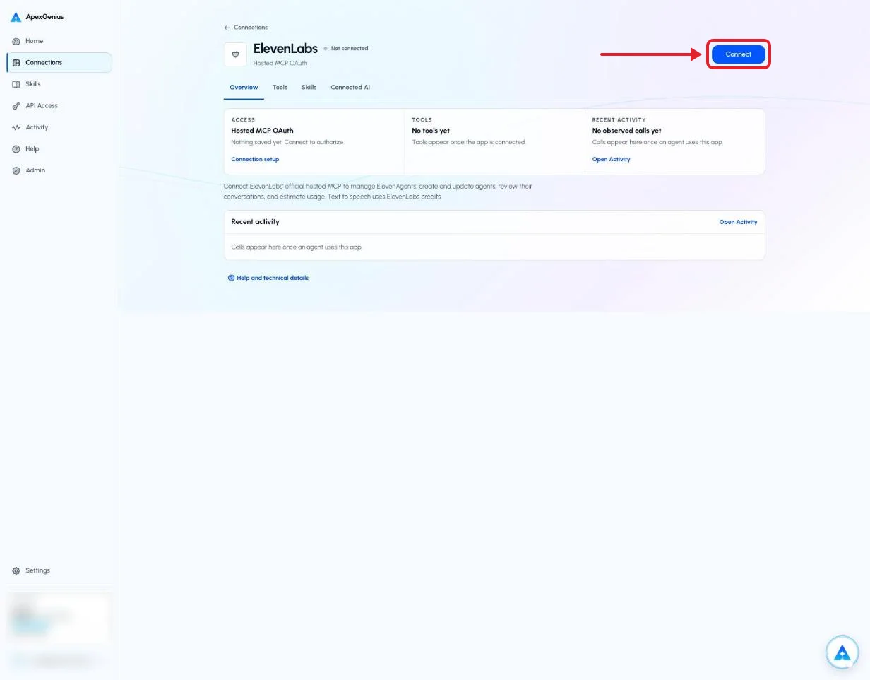The ElevenLabs connection page in ApexGenius, account details blurred, with a red box around the Connect button.