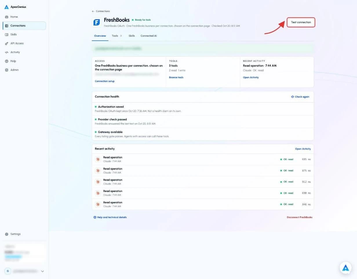 The full ApexGenius connection page for FreshBooks, marked Ready for tools with Provider check passed and five successful agent reads, a red box and arrow on Test connection, and the account email and credits blurred.