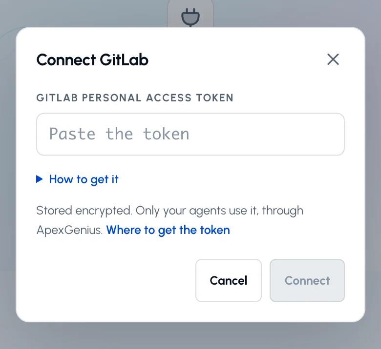 The Connect GitLab dialog in ApexGenius with the empty GitLab personal access token field, the How to get it link and the Connect button.