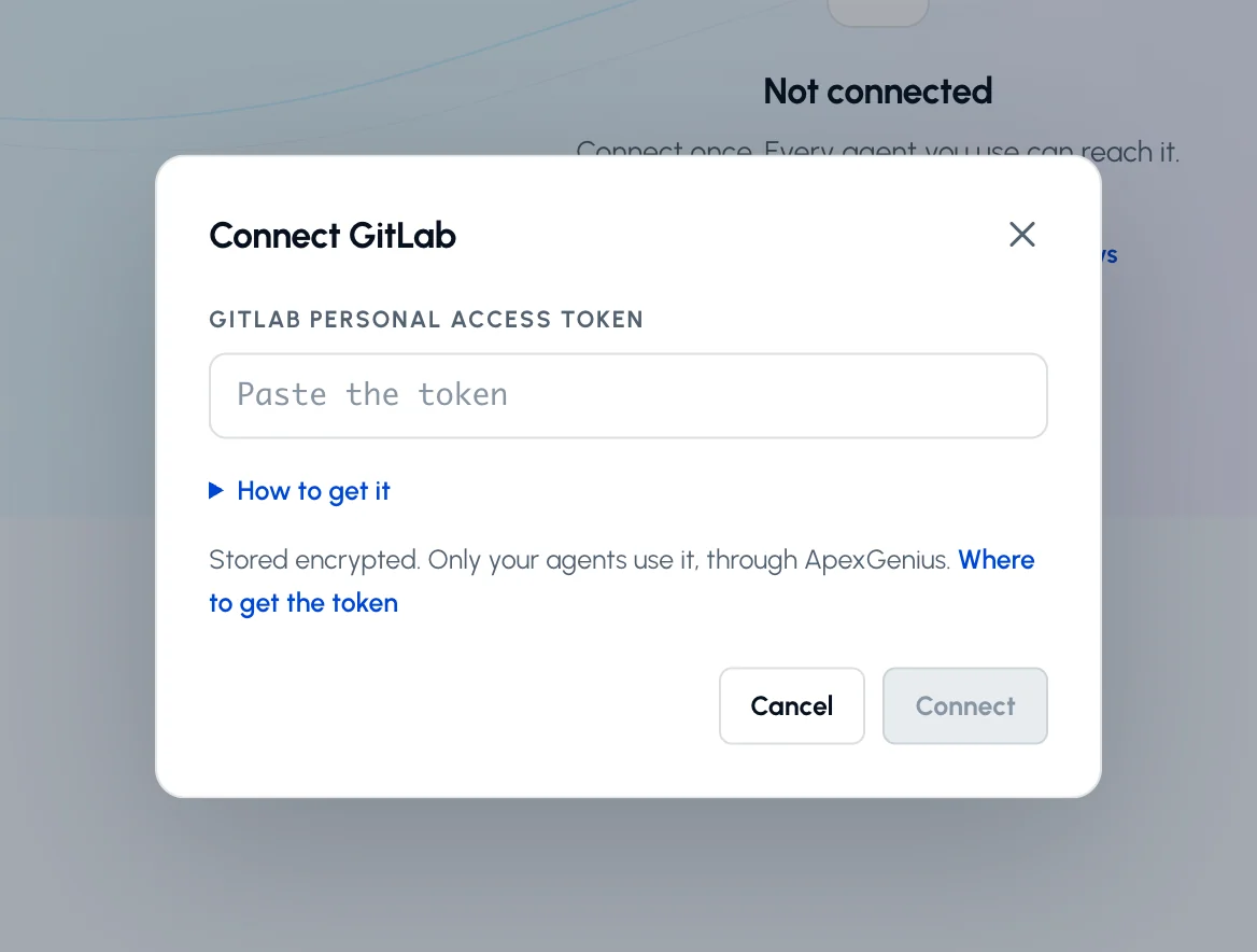 The Connect GitLab dialog in ApexGenius with the empty GitLab personal access token field, the How to get it link and the Connect button.