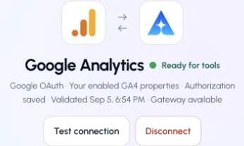 The actual Google Analytics connection page in ApexGenius, showing its saved connection status.